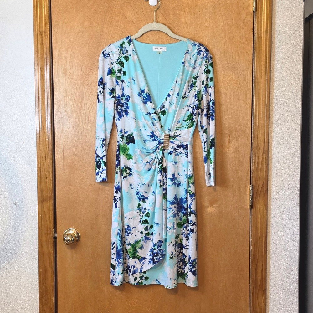 Calvin Klein Blue Floral Faux Wrap Sheath Dress Gold Tone Bar Hardware Size 4